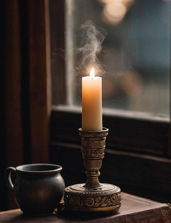 Eine brennende Kerze steht vor einem Fenster
