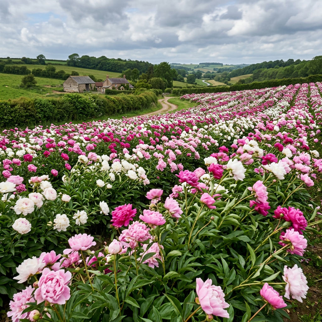 Field of pink and white flowers with cottages and rolling hills under a cloudy sky